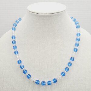 VINTAGE Blue Glass Beaded Necklace Clear Beads Sterling Silver Clasp 9mm 22"